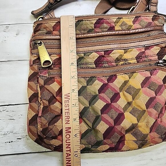 Vintage Fossil Multicolor Geometric Pattern Canvas/Leather Shoulder Bag Purse - Picture 6 of 11